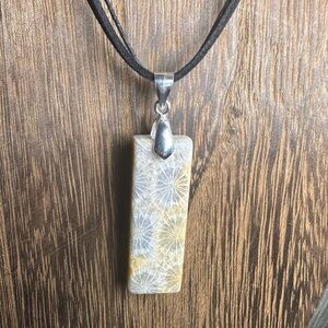 Coral Fossil Thin Rectangle Pendant Necklace on Black Rope